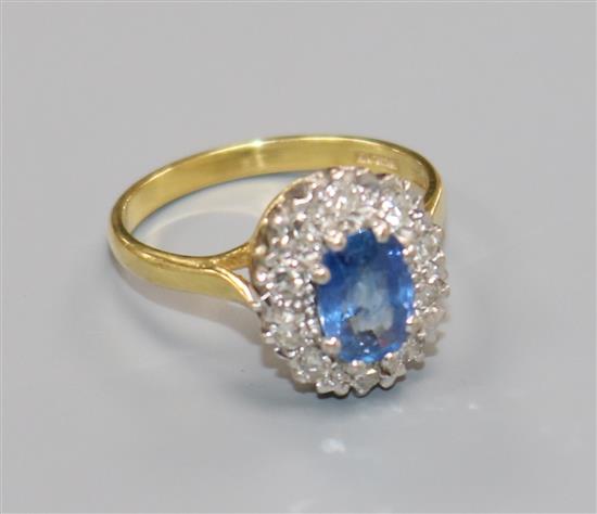 An 18ct gold, sapphire and diamond set oval cluster ring, size O.